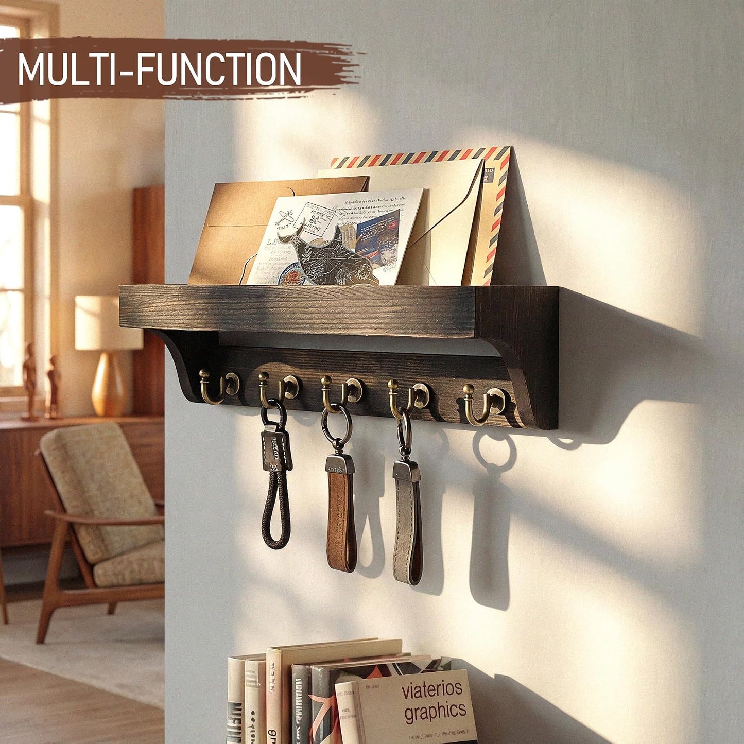 Rebee Vision Key Holder Wall Mount with 5 Hooks for Entryway, Retro Brown | Display Shelf for Plant & Letters, Key Shelf for Hats, Dog Leashes, Mail Organizer, Decorative Entryway & Living Room