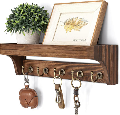Rebee Vision Key Holder Wall Mount with 5 Hooks for Entryway, Retro Brown | Display Shelf for Plant & Letters, Key Shelf for Hats, Dog Leashes, Mail Organizer, Decorative Entryway & Living Room