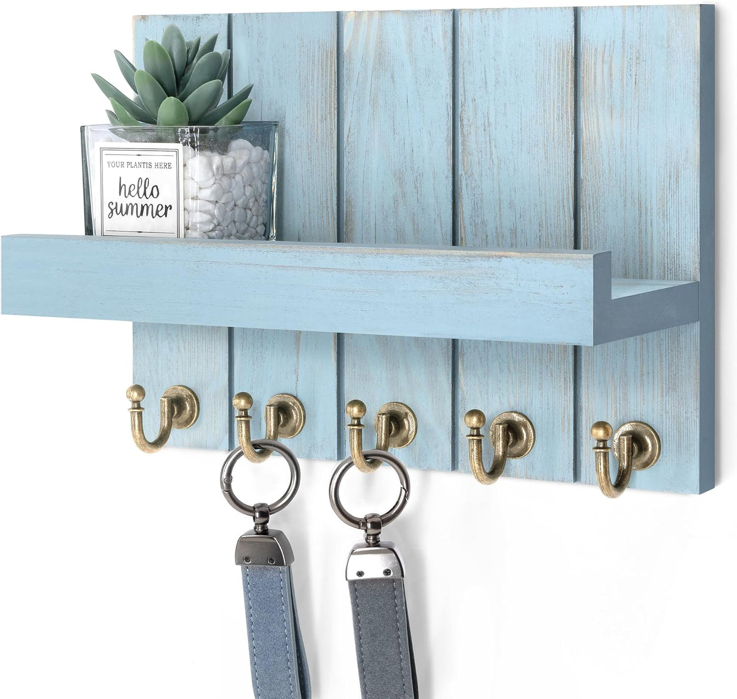 Rebee Vision Key Holder Wall Mount with 5 Key Hooks for Home Decor, Brown | 3.54'' x 10'' x 7.28'', Small Shelf for Display Plant, Key Hangers for Hat, Entryway Space-Saving Storage