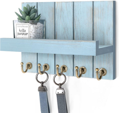 Rebee Vision Key Holder Wall Mount with 5 Key Hooks for Home Decor, Brown | 3.54'' x 10'' x 7.28'', Small Shelf for Display Plant, Key Hangers for Hat, Entryway Space-Saving Storage