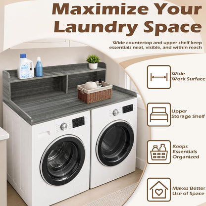 Royxen Laundry Countertop with 2-Tier Shelf Universal Fit, Washer and Dryer Countertop with Storage Space, Shelf Height 11.5 Inches, Solid Wood Core, Walnut