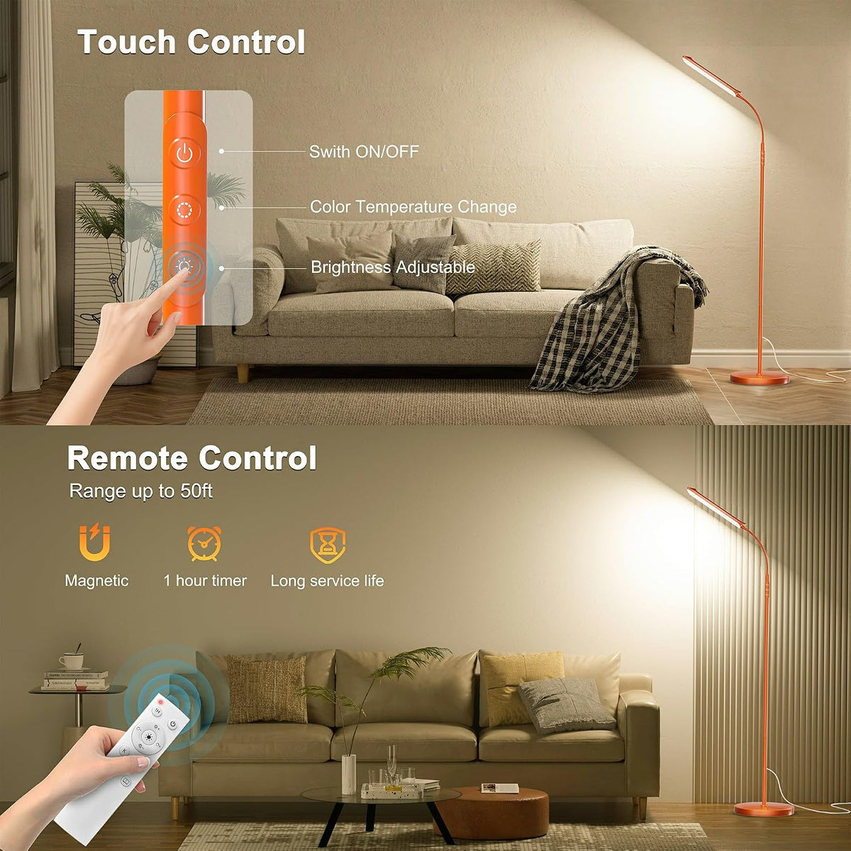 Yikuneng Dimmable LED Floor Lamp, Super Bright Reading Lamps Floor Standing lamp with Remote & Touch Control, Stepless Dimming & 2700K-6500K Color Temperature, for Living Room Bedroom Office, Black