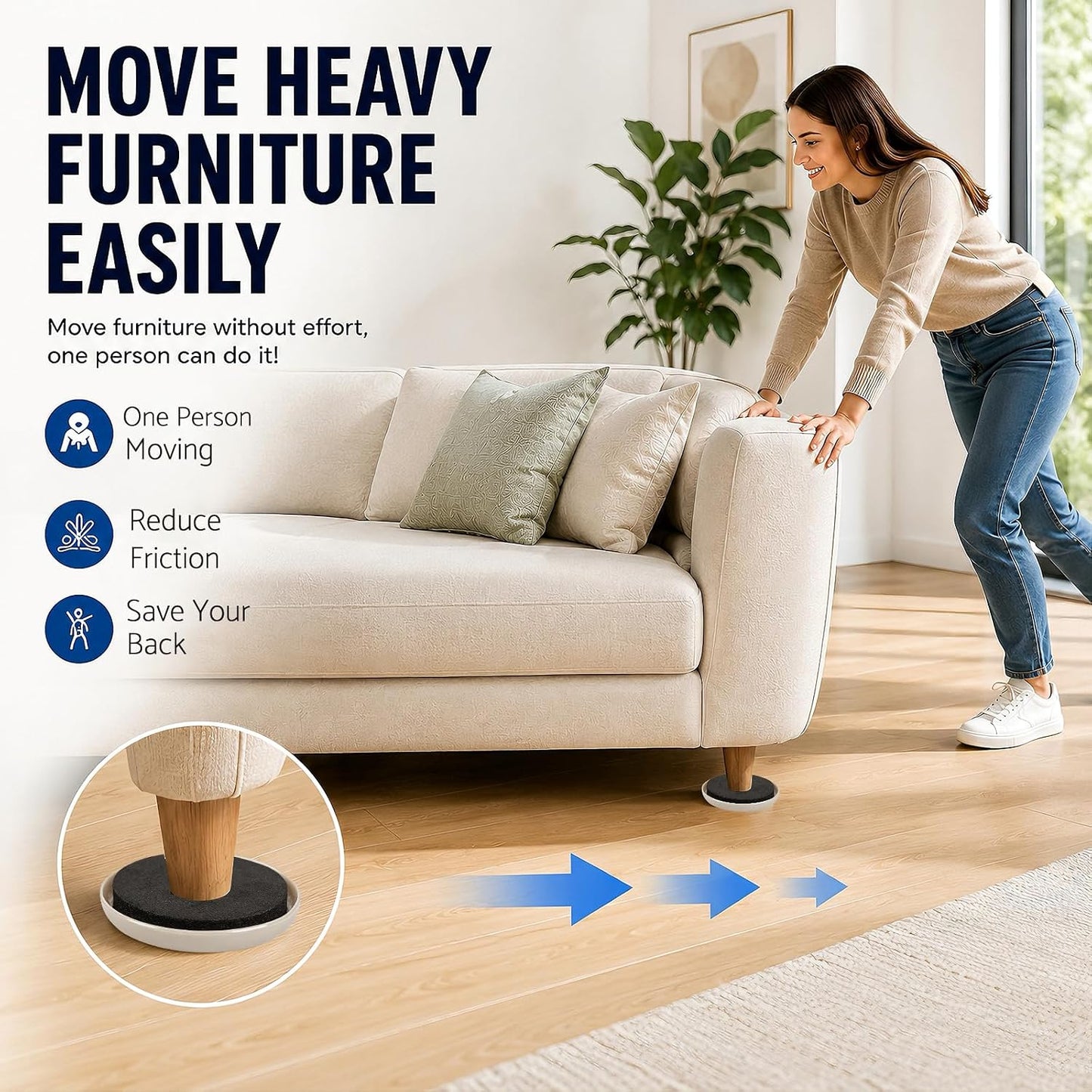 Furniture Sliders 8pcs 3 1/2 inch - Heavy Duty Reusable Round Sliders for Moving Furniture on Carpet, Easily Move Couches/Beds/Armoires/Chair/Table/Cabinet