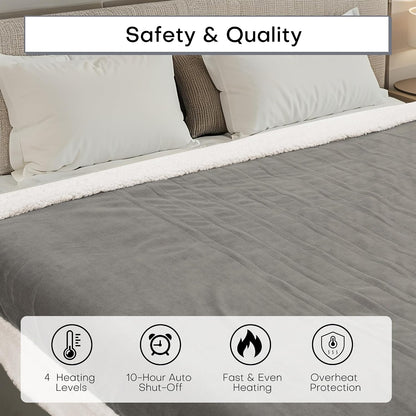 Electric Heated Blanket Full Size 72"x84" – Light Gray | ETL for Safe Overnight, 4 Heat Settings & 10H Auto Off, Dual-Sided Microplush Sherpa for Home Night, Machine washable