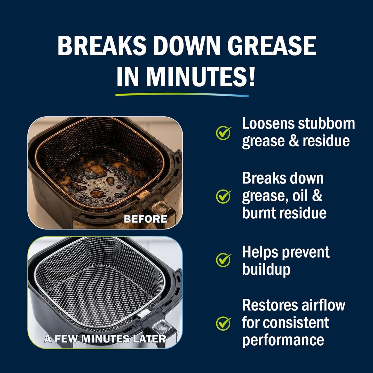 Air Fryer Cleaner and Degreaser. 6 Powder Sachets with Brush. Cuts Grease, Burnt Food and Odors. For Basket, Drawer, Grill and Crisper Plate. Nonstick Safe