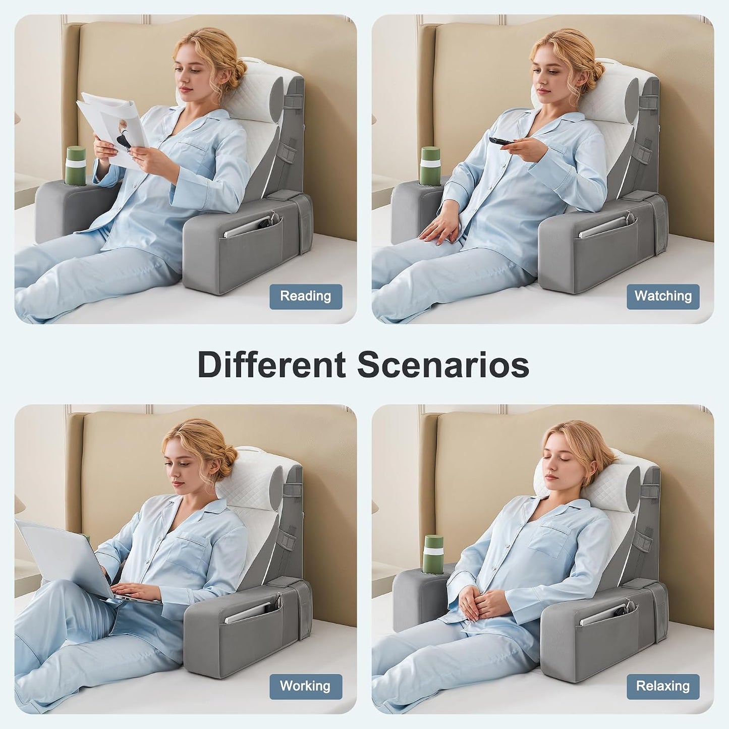 Reading Pillow for Bed with Adjustable Armrests and Side Pockets, Back Pillow for Bed Sitting Up, Sit Up Pillow, and Bed Pillows for Sitting Up, Ideal for Reading, Watching TV and Relaxing, Light Gray