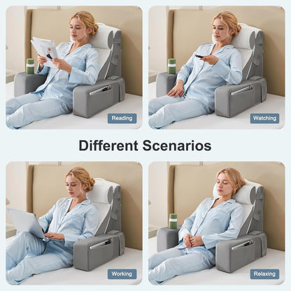 Reading Pillow for Bed with Adjustable Armrests and Side Pockets, Back Pillow for Bed Sitting Up, Sit Up Pillow, and Bed Pillows for Sitting Up, Ideal for Reading, Watching TV and Relaxing, Light Gray