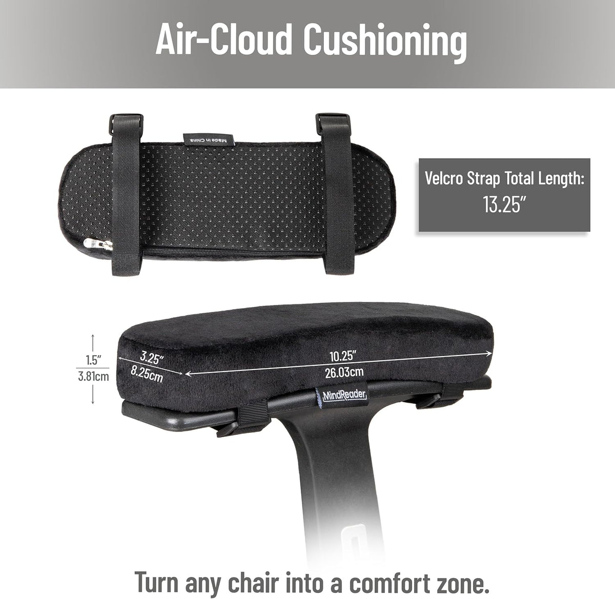Mind Reader Air-Cloud Memory Foam Armrest Pads, Office & Gaming Chair Arm Rests, Elbow Support with Washable Cover, Black