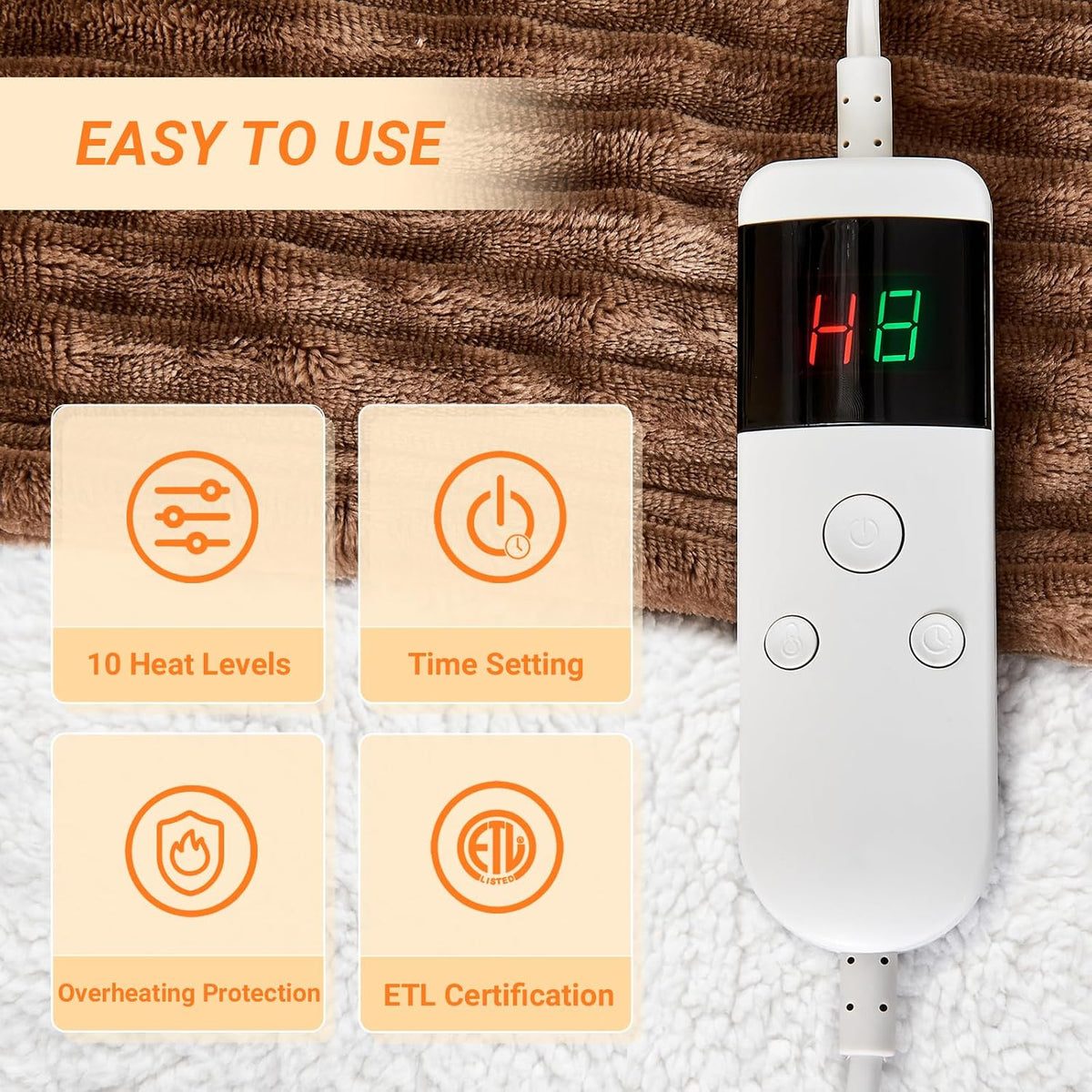 Heated Blanket Electric Throw, Soft Flannel Heating Blanket with 8 Hours Auto Off 10 Fast Heating Levels Machine Washable Sherpa Heated Blanket with Overheating Protection