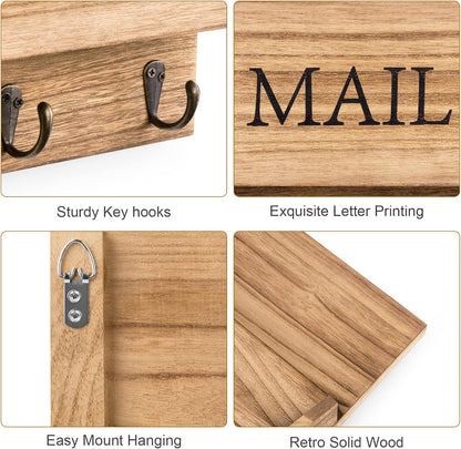 DLQuarts Solid Wood Mail Organizer with Key Holder for Wall, Mail Sorter Wall Mounted, Decorative Wooden Key and Mail Holder with 3 Hooks, White