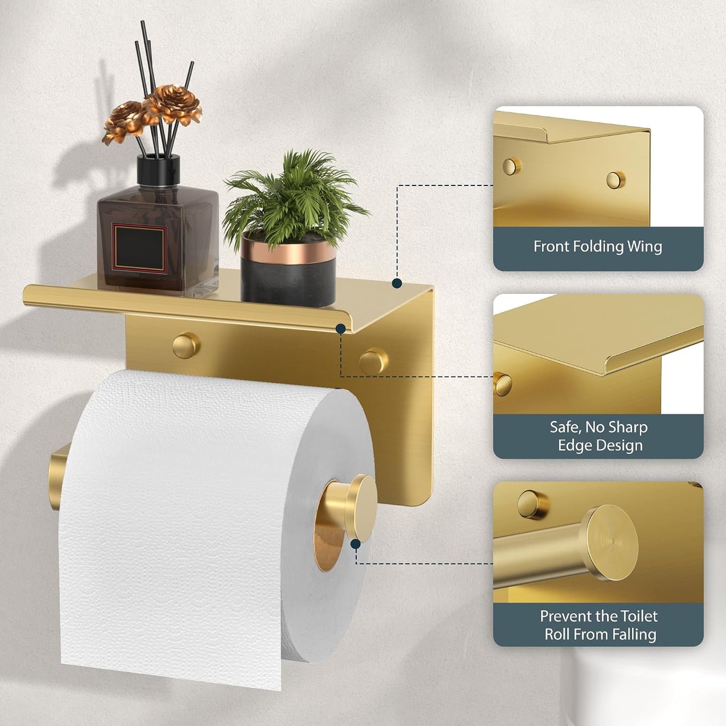 FORIOUS Toilet Paper Holder with Shelf, Adhesive or Screw, Commercial | Brushed Nickel | Wall Mount Bathroom Tissue Holder | SUS304 Stainless Steel Rustproof | Bathroom Tissue Roll Holder