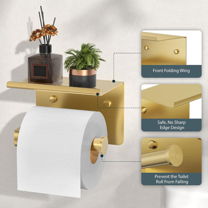 FORIOUS Toilet Paper Holder with Shelf, Adhesive or Screw, Commercial | Brushed Nickel | Wall Mount Bathroom Tissue Holder | SUS304 Stainless Steel Rustproof | Bathroom Tissue Roll Holder