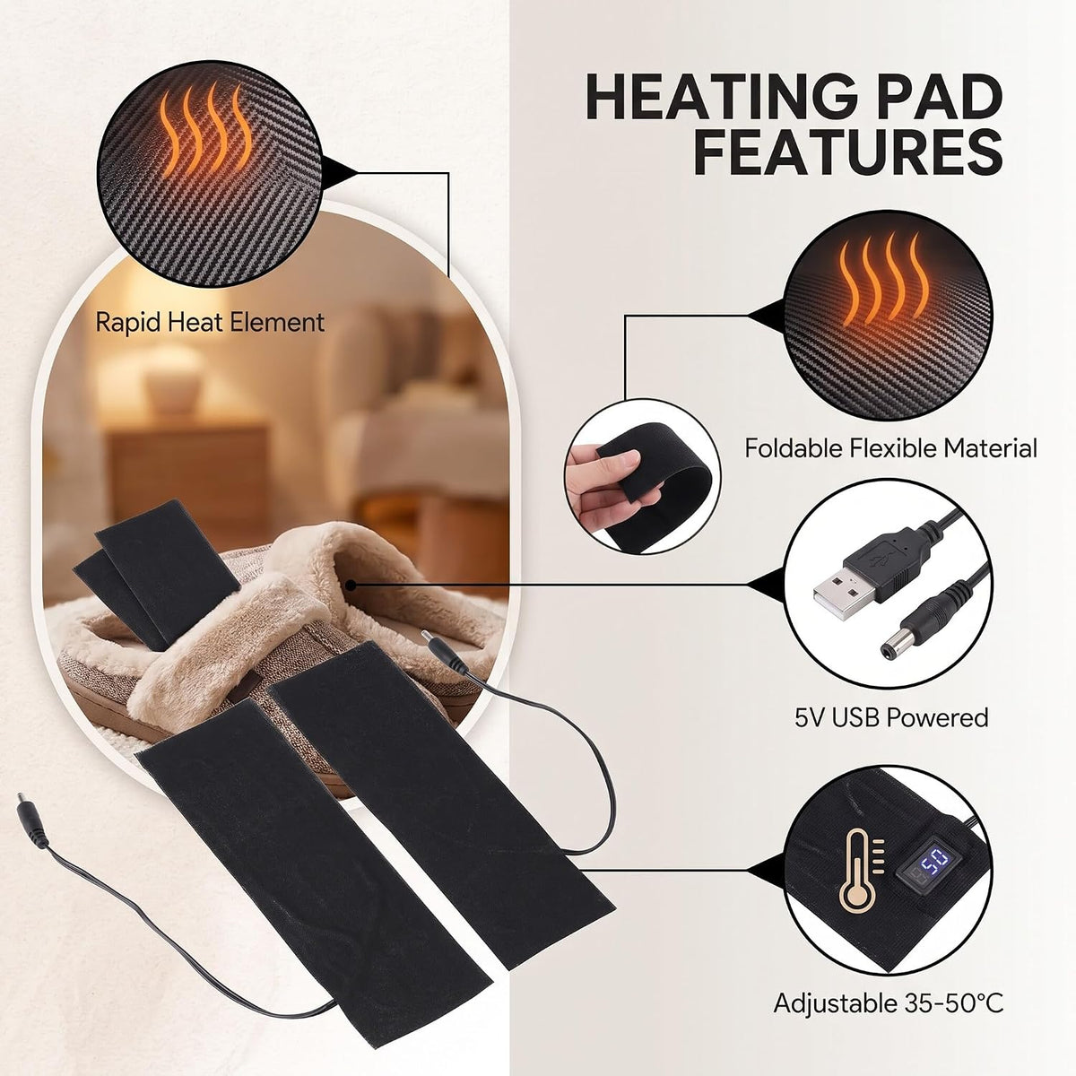 Portable Heating Pad 1 Pair Black USB Carbon Fiber Heating Mat 5V Electric Heating Film Heater Pads Heating Film Heat Pad for Warming Feet Knee Washable 35-50 ℃