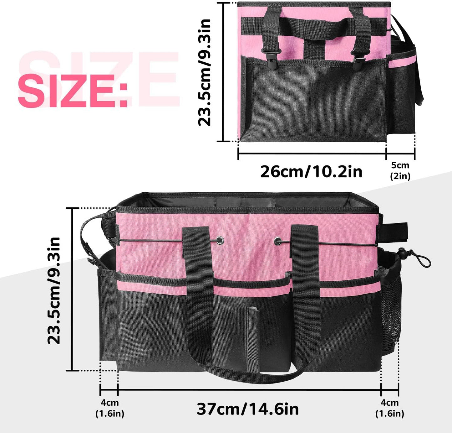Cleaning Caddy Tote with Removable Dividers - 17.8x12.2x9.3in Waterproof Tool Organizer Bag with Handles & Adjustable Shoulder Strap for Housekeepers, Cleaners & Car Detailing Supplies (Pink)