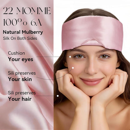 Silk Sleep Mask 22 Momme 100% Mulberry Silk & 3.5cm Silk Hairband Set for Side Sleeper Women Men,Light Blocking Nose Pad, Adjustable Silent Strap,Eye Mask fo Home & Travel Use (Pink)