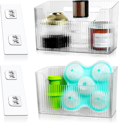 2 Pack Cabinet Door Organizer, Adhesive Wall Mounted Organizer Bins, Clear Storage Caddy, Stackable Basket for Kitchen Cabinets, Bathroom, Pantry, Office, and Tabletop Organization