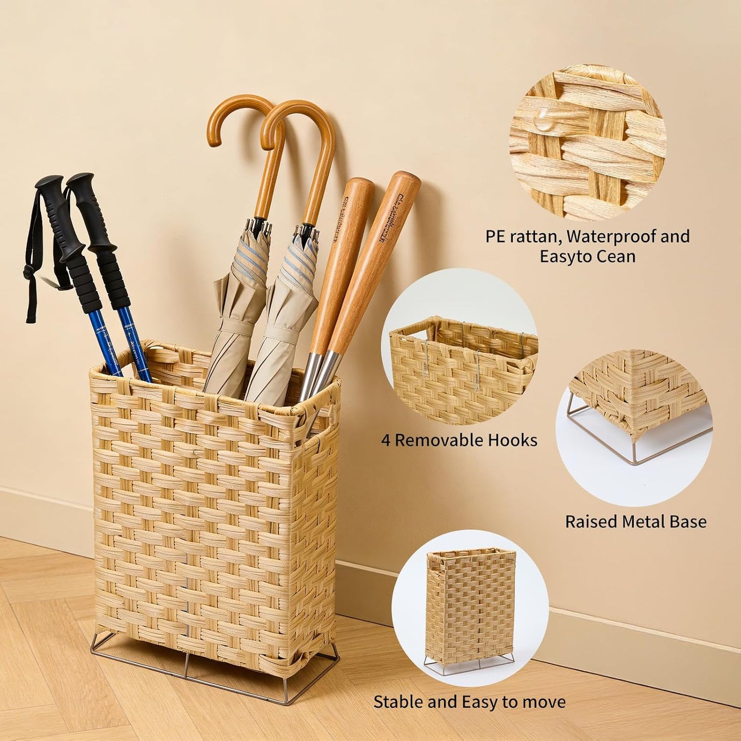 Rattan Umbrella Holder Basket Stand for Entryway | Handwoven, Indoor Umbrella Storage with Waterproof Base, Durable Metal Hooks & Removable Drip Tray