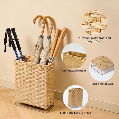 Rattan Umbrella Holder Basket Stand for Entryway | Handwoven, Indoor Umbrella Storage with Waterproof Base, Durable Metal Hooks & Removable Drip Tray