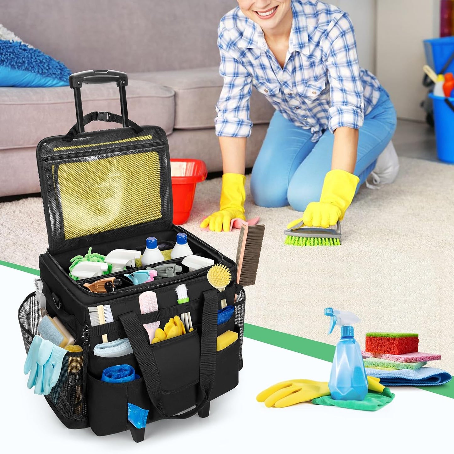 LoDrid Rolling Cleaning Caddy with Lid and Detachable Trolley, Black | Cleaning Supplies Organizer, Cleaning Caddy Cart on Wheels with Handle and Shoulder Strap for Housekeepers