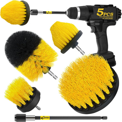 Holikme 5Pack Drill Brush Set with Extension for Car & Bath Detailing | 4 nylon scrub brushes,white,Power scrubber kit for Bathroom Surfaces, Grout, Floors, bathtubs, Tiles, Kitchen and Car