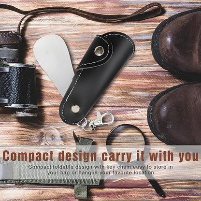 Metal Shoe Horn with Holster, 1 Pc Foldable Shoe Horn with Keychain, Travel Mini Stainless Steel Shoe Spoon