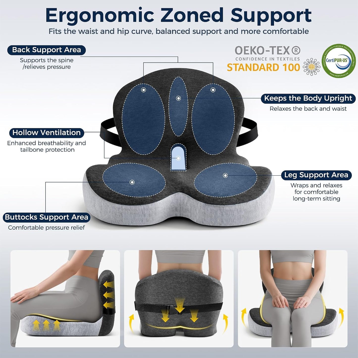 Seat Cushion, Office Chair Cushions for Tailbone Relief, Seat Cushions for Office Chair with L-Shaped Ergonomic Design & Adjustable Strap, Memory Foam Chair Cushion for Long Sitting (Black Gray)
