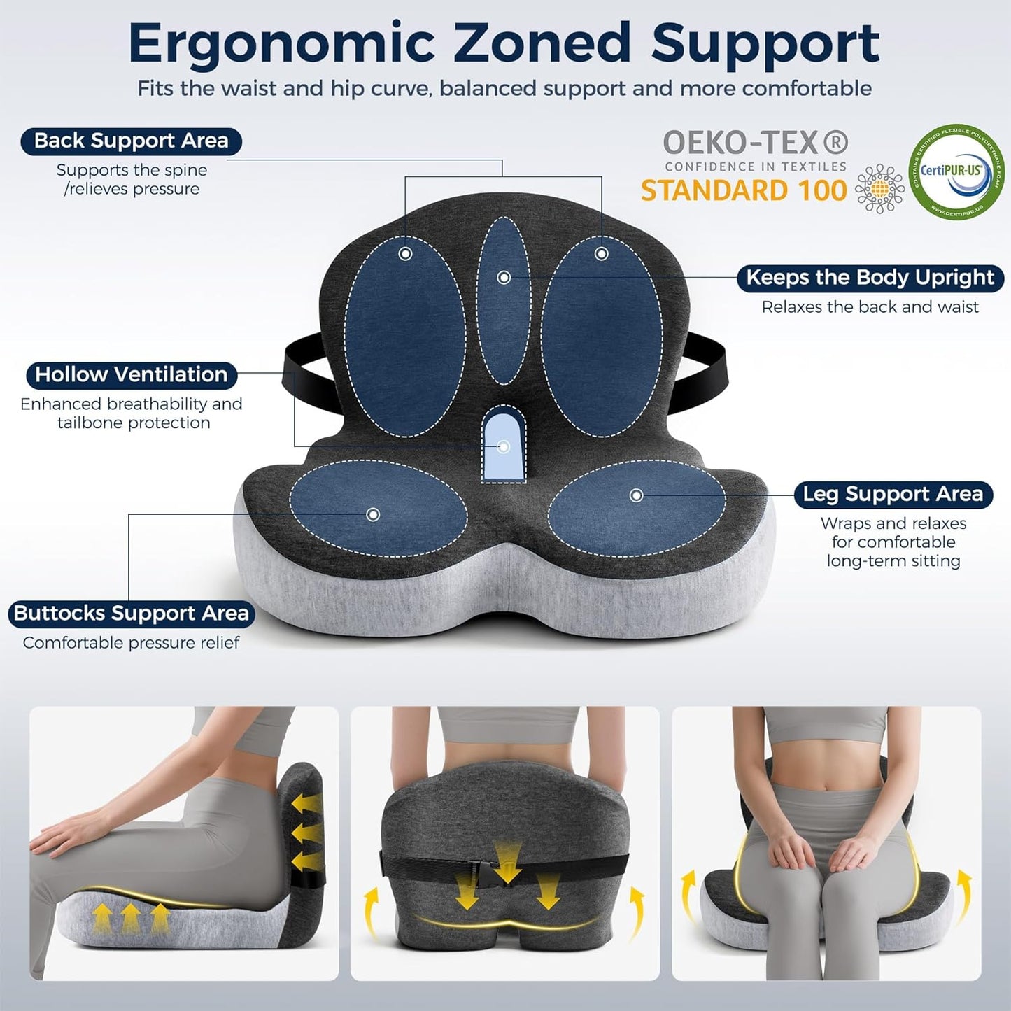 Seat Cushion, Office Chair Cushions for Tailbone Relief, Seat Cushions for Office Chair with L-Shaped Ergonomic Design & Adjustable Strap, Memory Foam Chair Cushion for Long Sitting (Black Gray)