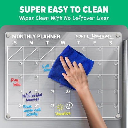 Acrylic Calendar for Fridge - Magnetic Calendar for Refrigerator - 2pc Family Refrigerator Magnetic Dry Erase Planning Board Monthly Weekly - 6 Liquid Chalk Markers & 3 Interchangeable Backgrounds