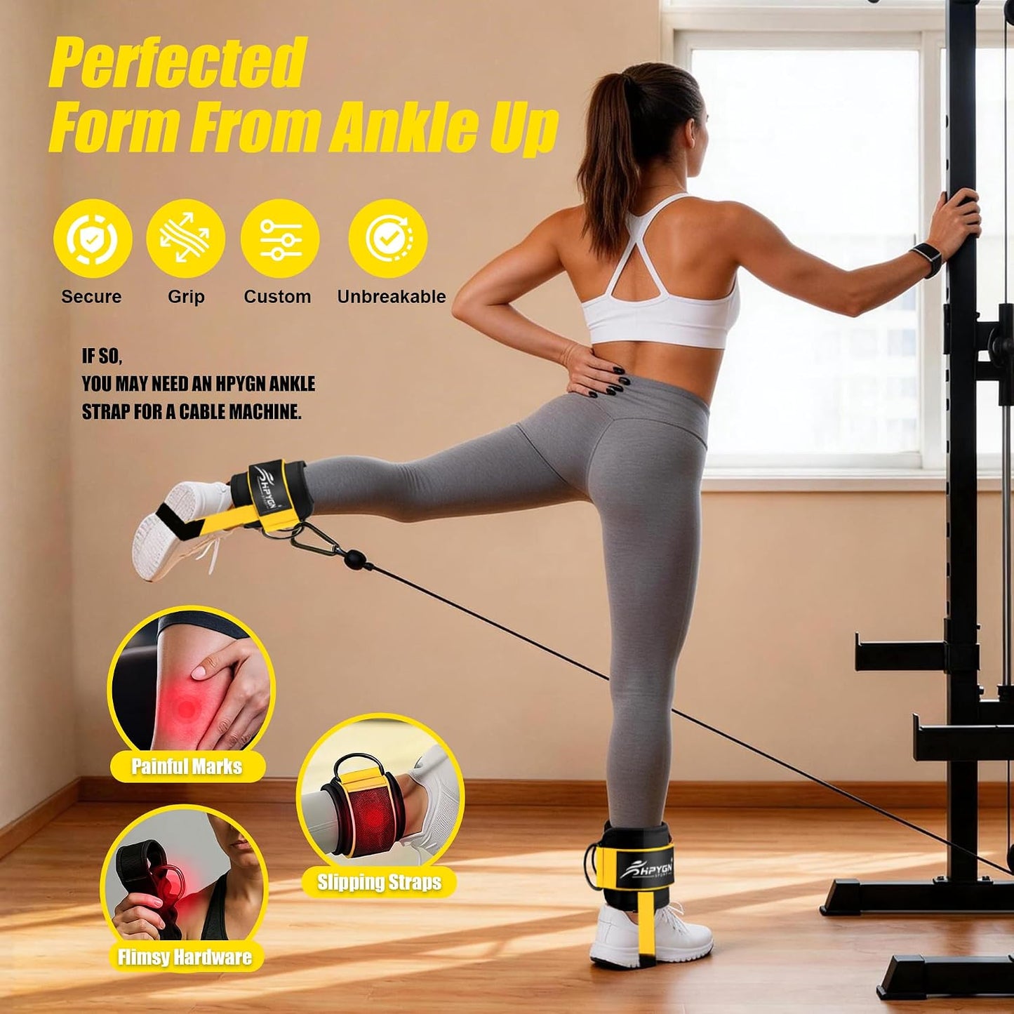 HPYGN Ankle Strap for Cable Machine, Padded Ankle Straps for Cable Machine Kickbacks, Glute Workouts, Leg Extensions, Curls, Booty Hip Abductors Exercise, Adjustable Comfort Ankle Cuff for Gym
