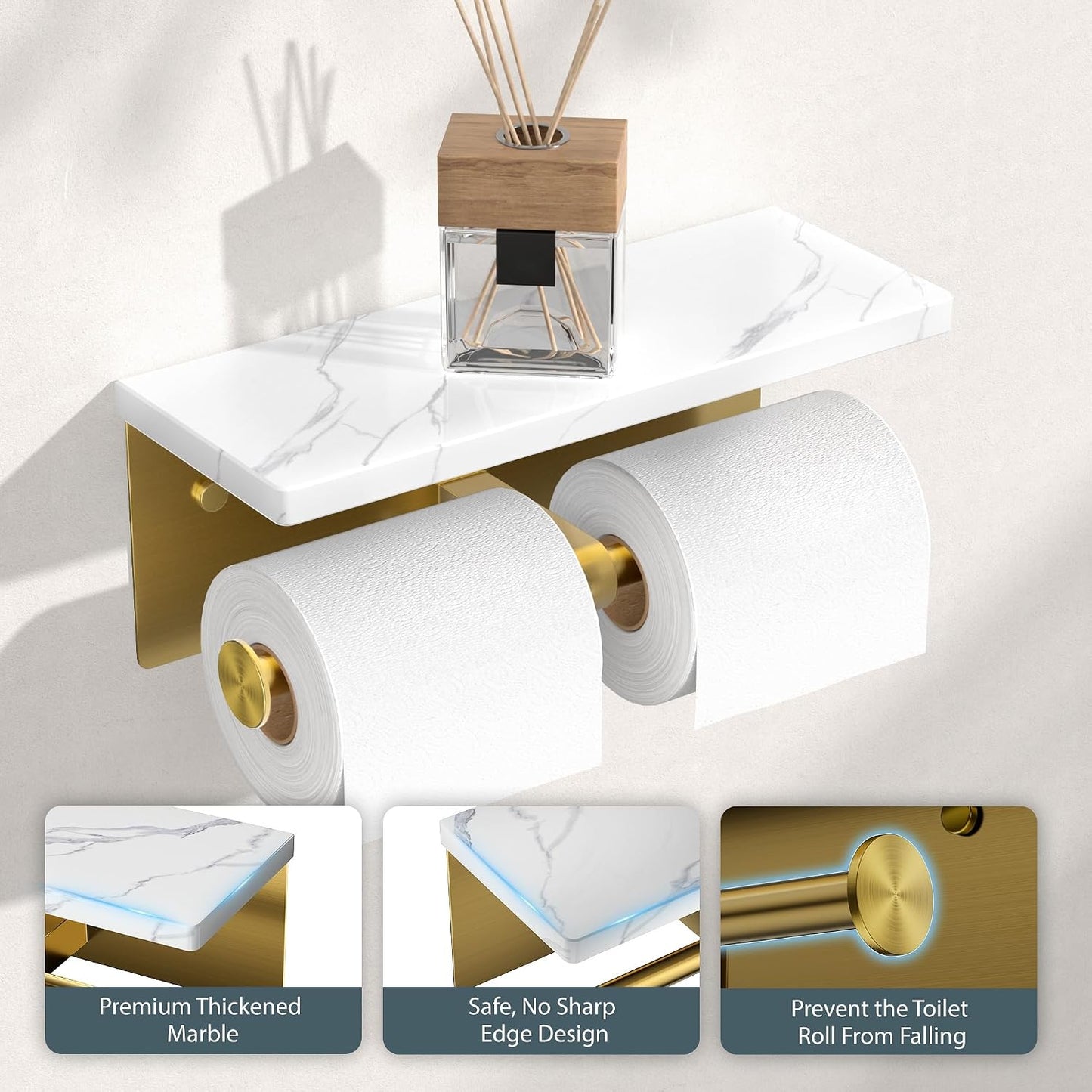 FORIOUS Toilet Paper Holder with Shelf, Natural Marble, Commercial | Brushed Nickel, Wall Mount 304 Stainless Steel Commercial Bathroom Tissue Roll Dispenser, Heavy Duty Washroom Paper Storage