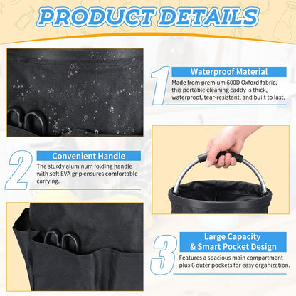 17L Cleaning Caddy with Handle & 6 Pockets, Foldable Cleaning Supply | Portable Shower Caddy, 600D Oxford Fabric Storage Basket for Home, Camping, Gardening, Bathroom