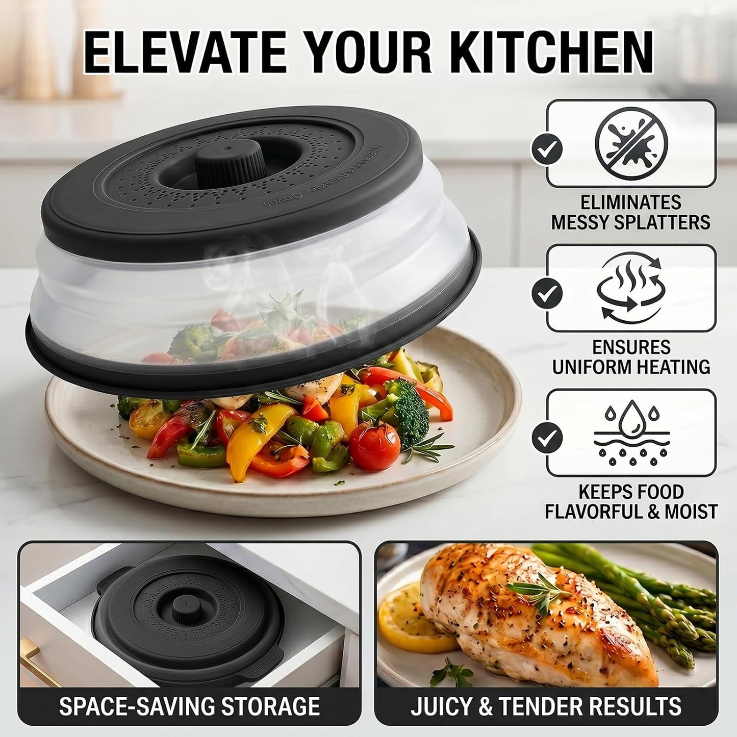 10 Inch Microwave Splatter Cover Vented for Food, Collapsible Splatter Guard with Handle, Anti-Splatter Plate Lid for Kitchen Fruit Vegetables, Dishwasher-Safe Easy Clean (black)