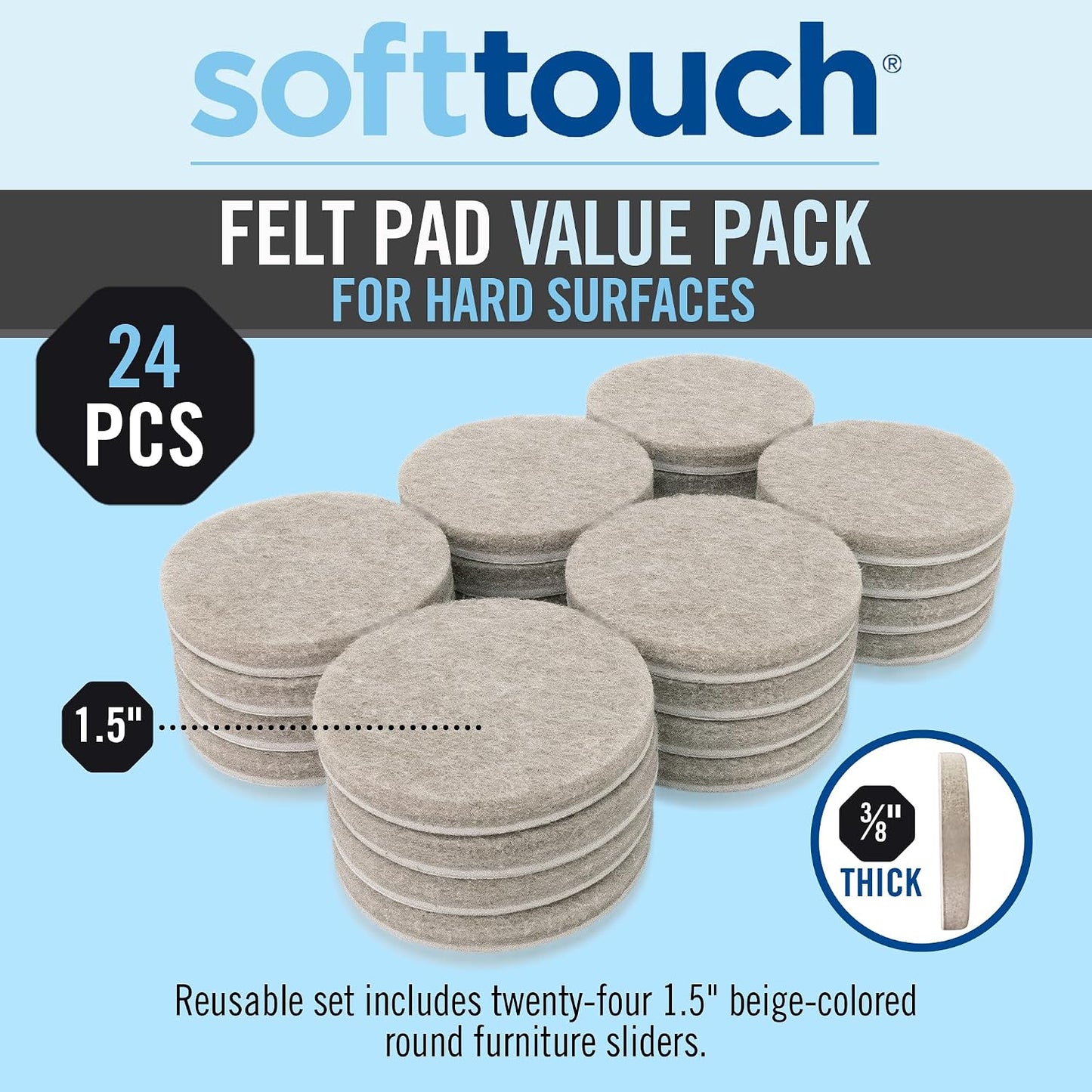 SoftTouch 1.5" Round Reusable Felt Furniture Sliders for Hard Surfaces, Noise-Reducing Adhesive Furniture Moving Pads for Beds, Sofas, Dressers, Set of 24, Beige