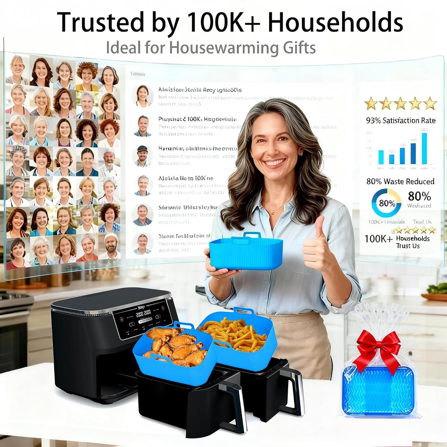 Silicone Air Fryer Liners for Ninja - Reusable DZ201 8QT Dual Basket - Rectangular 2-Pack Vacuum-Packed Easy-Clean Dishwasher-Safe Food-Safe for Home Chefs - Housewarming Gifts