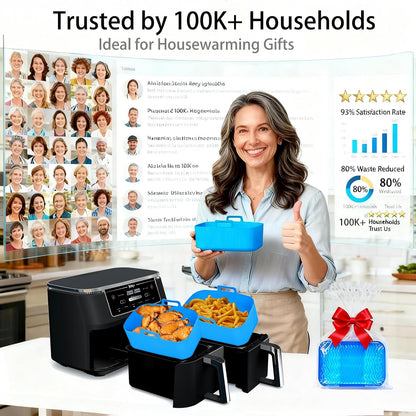 Silicone Air Fryer Liners for Ninja - Reusable DZ201 8QT Dual Basket - Rectangular 2-Pack Vacuum-Packed Easy-Clean Dishwasher-Safe Food-Safe for Home Chefs - Housewarming Gifts