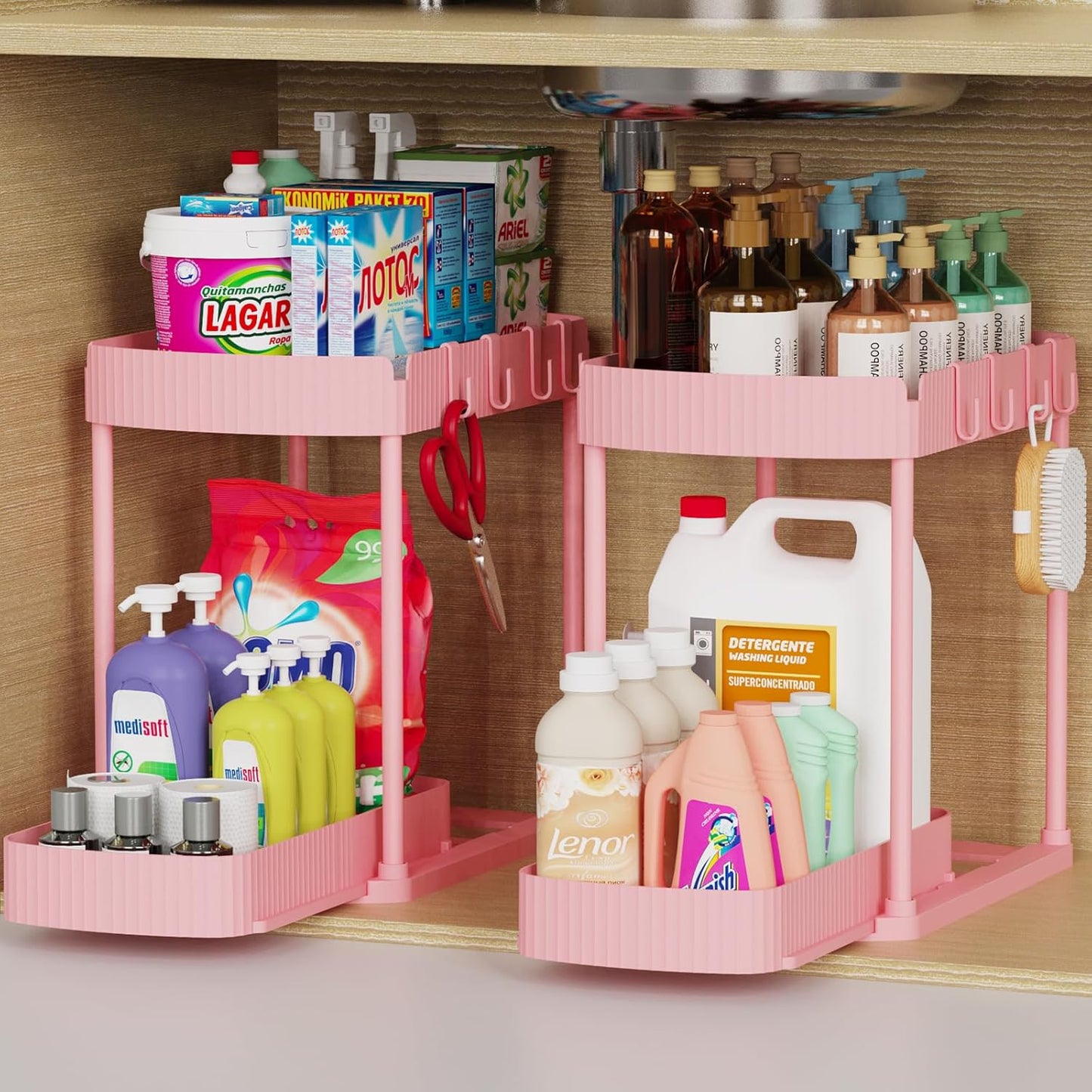 2 Packs Under Sink Pull-Out Storage Organizers, 12.8 Inches, Black | Multi-Purpose Cabinet Organizers and Storage for Bathroom & Kitchen