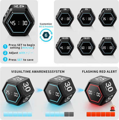 Visual Cube Timer with Visual Countdown, 5 & 25 Min Presets | 6 preset times (25, 5, 3, 10, 30 & 50 min), silent, vibration and sound alerts for study, work and classroom use
