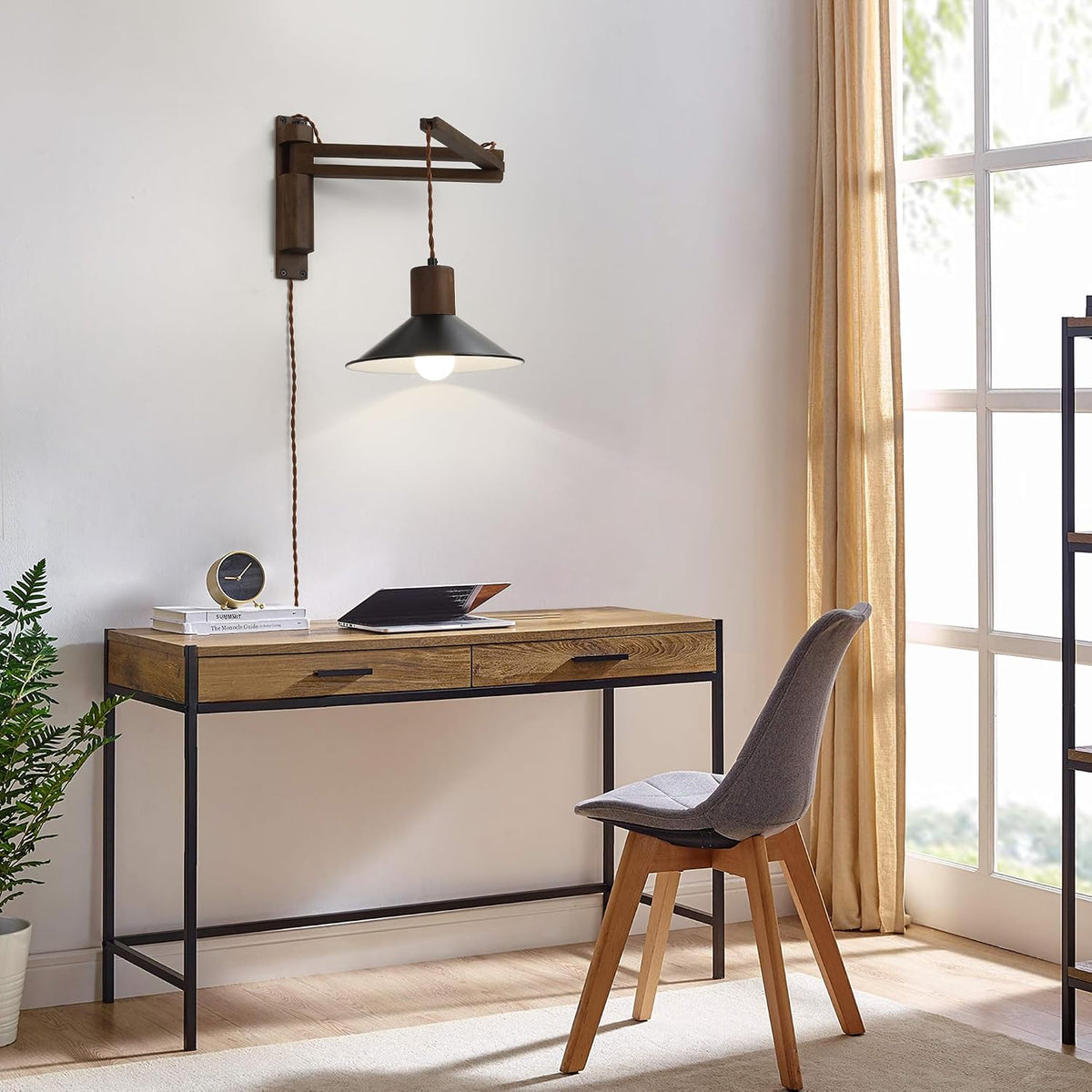 maesta Plug in Wall Lamp, Wood Swing Arm Wall Sconce for Bedroom