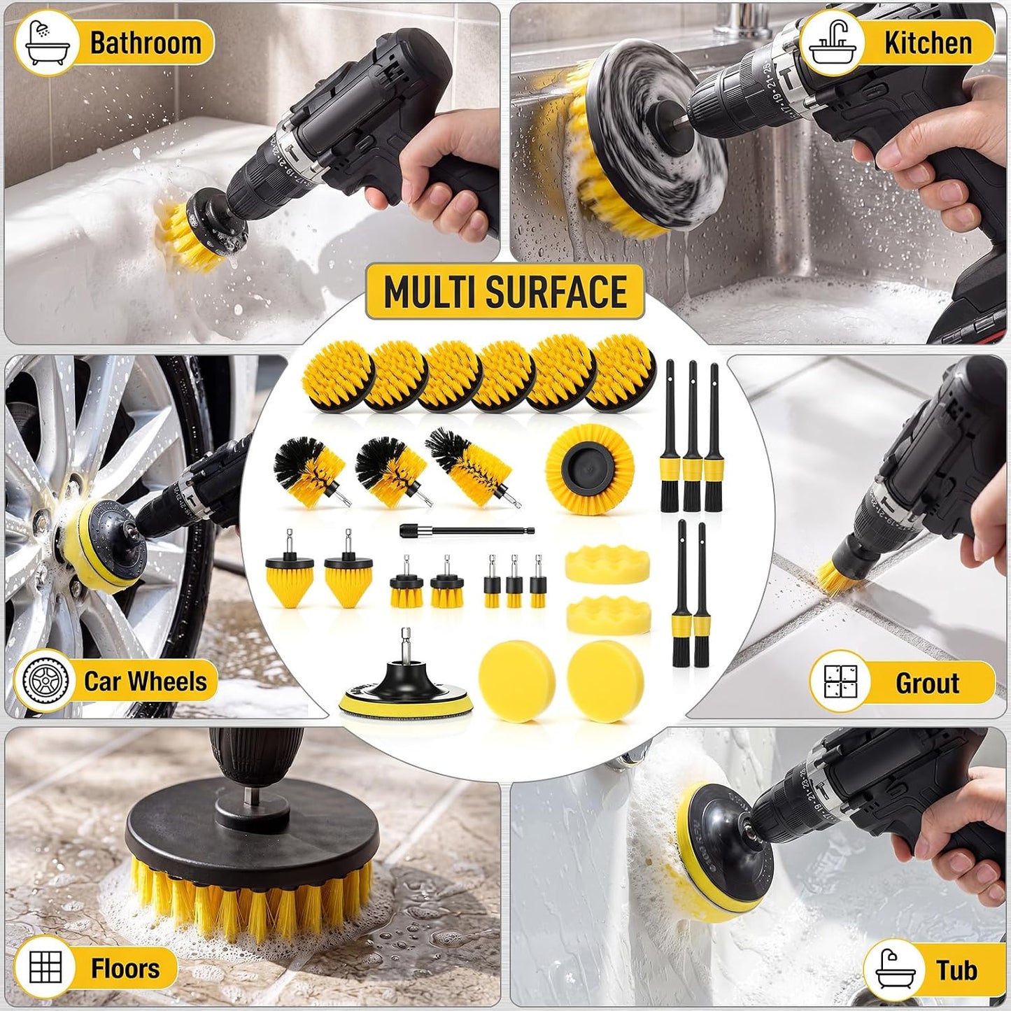 28 Pack Drill Brush Attachment Set, Power Scrub Brushes with Extend Long Attachment for Bathroom, Car Detailing, Sinks, Grout, Floor, Tub, and Kitchen Surface, Scratch Brushes (Yellow)