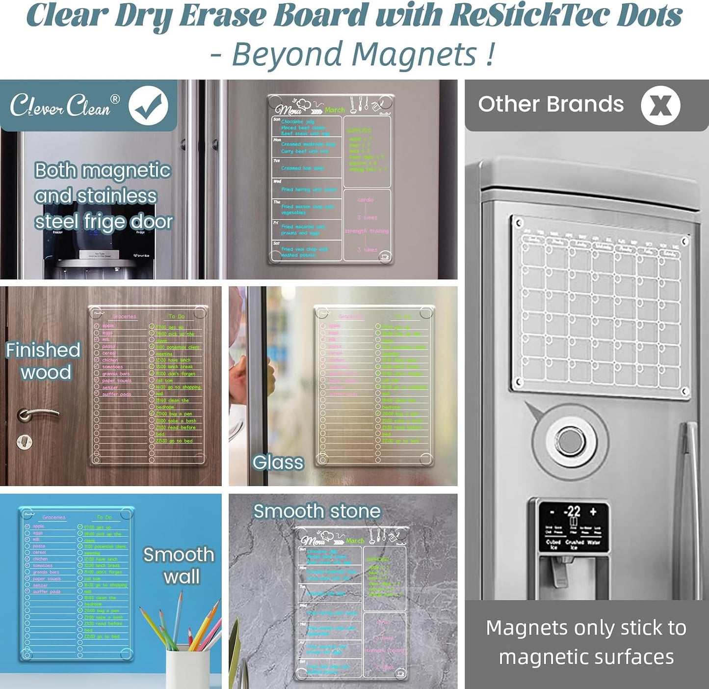 Clear Non-Magnetic Calendar Set for Fridge - Dry Erase Transparent Monthly and Weekly Calendar, List and Blank Whiteboard - Sticks to Wall, Glass, Door, Any Smooth Surfaces