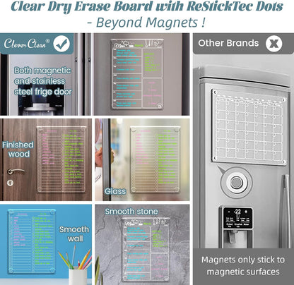 Clear Non-Magnetic Calendar Set for Fridge - Dry Erase Transparent Monthly and Weekly Calendar, List and Blank Whiteboard - Sticks to Wall, Glass, Door, Any Smooth Surfaces