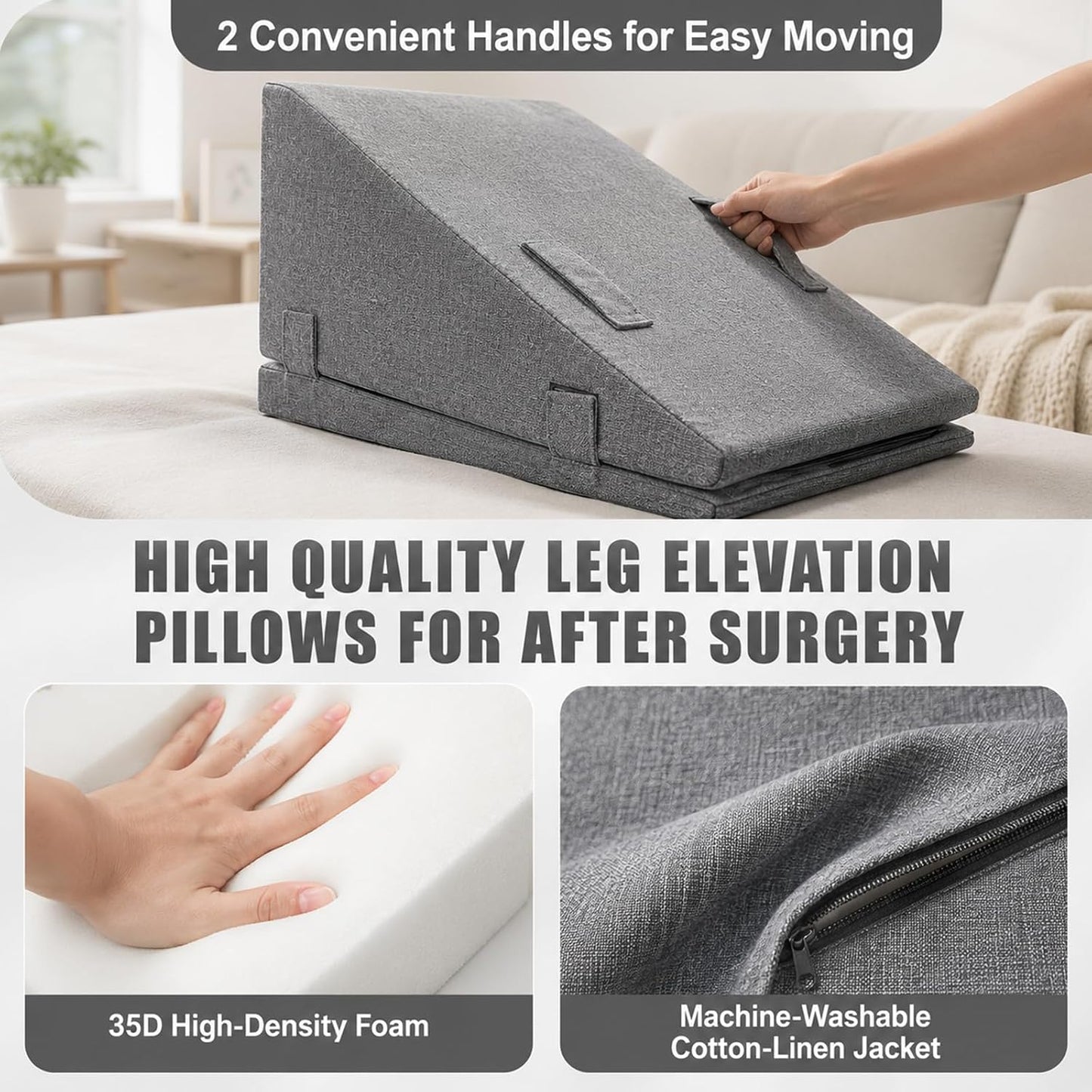 Leg Elevation Pillows for After Surgery, Adjustable Height | Breathable Linen-Cotton Cover Knee Surgery Pillow for Hip Ankle Pain Relief, Knee Replacement Recovery Aids, Machine-Washable Cover
