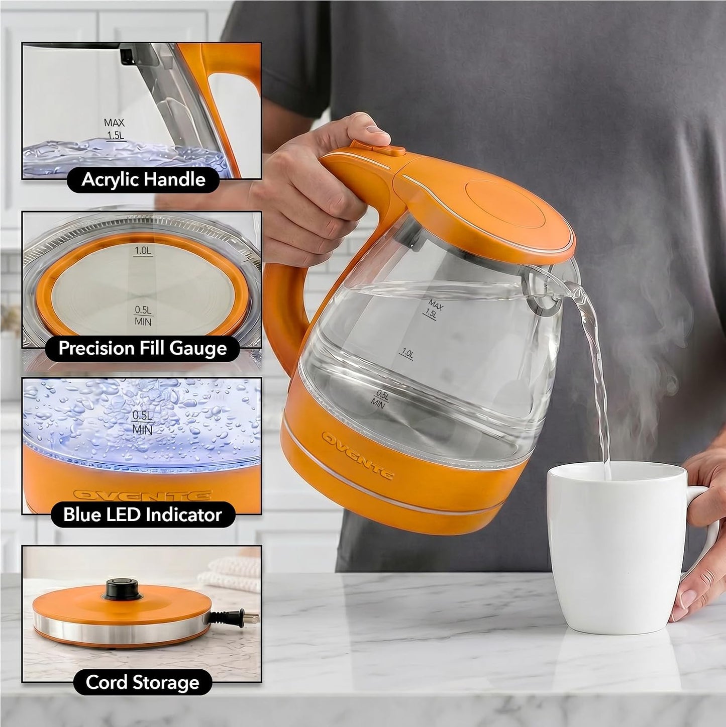 OVENTE 1.5L Glass Electric Kettle Water Boiler, Black KG83B | 1100W Fast Boiling, Borosilicate Glass, BPA-Free, Blue LED, Auto Shut-Off, Boil-Dry Protection, Removable Filter, 360° Base