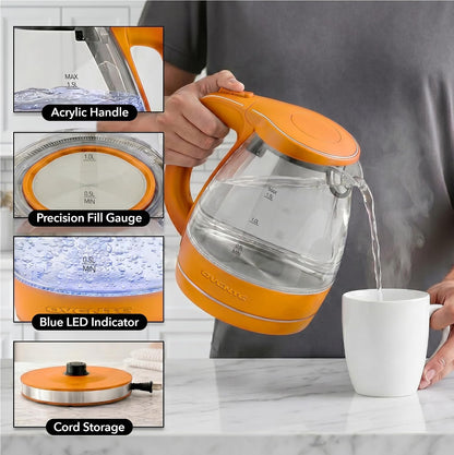 OVENTE 1.5L Glass Electric Kettle Water Boiler, Black KG83B | 1100W Fast Boiling, Borosilicate Glass, BPA-Free, Blue LED, Auto Shut-Off, Boil-Dry Protection, Removable Filter, 360° Base