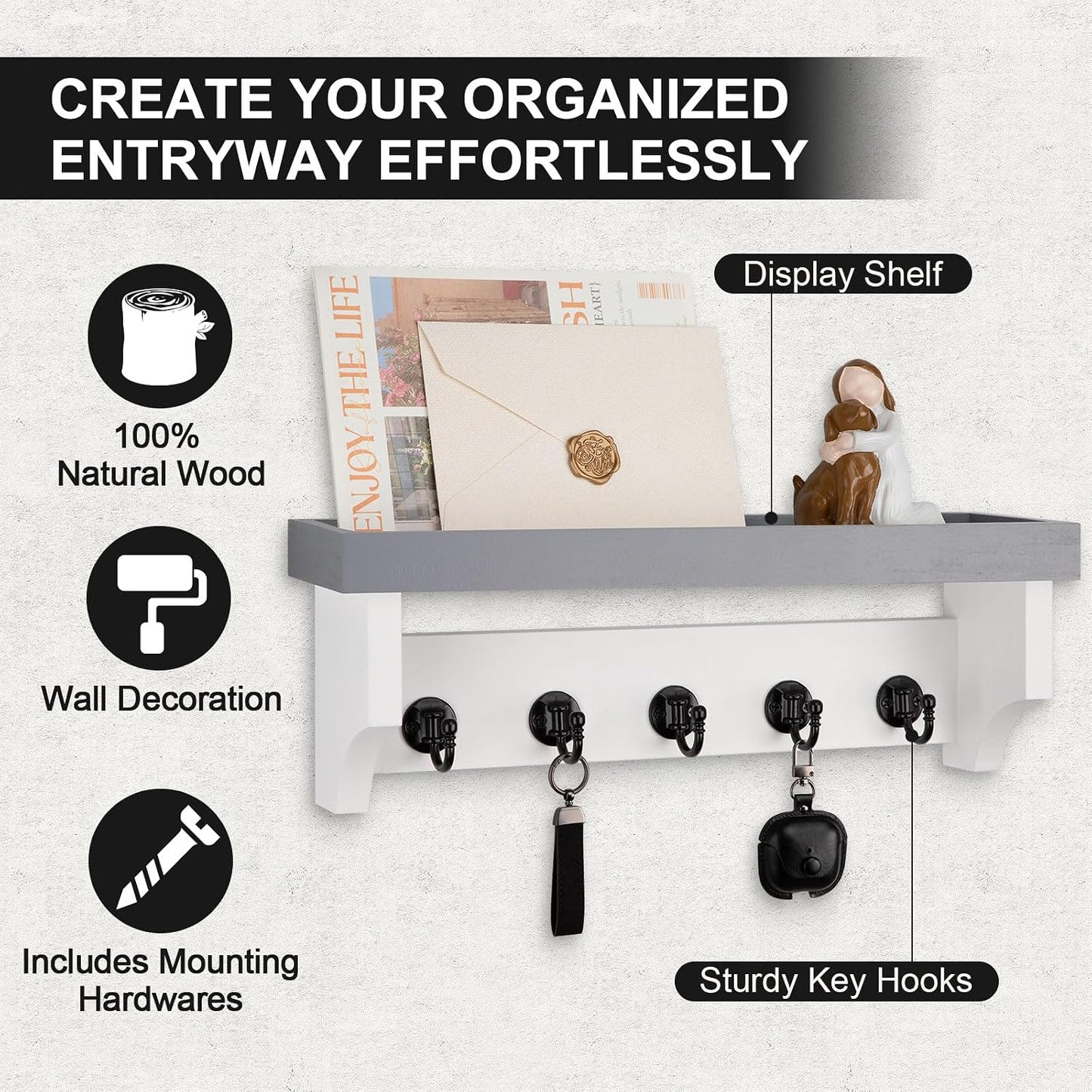 Key and Mail Holder Wall Mount, Mail Organizer with 5 Key Hooks | Key Holder with Shelf, Key Holder for Coat, Dog Leash, Home Decor Rack, Entry Way Organizer
