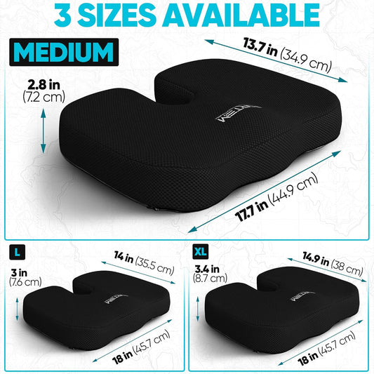 FORTEM Seat Cushion, Office Chair Cushion for Tailbone Sciatica Pain Relief | Memory Foam Pillow for Car | Ergonomic Design | Washable Cover | Non Slip | Black