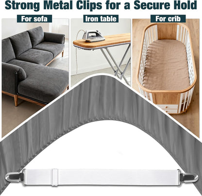 4 Pack Adjustable Elastic Straps with Metal Clips, Bed Sheet Fasteners, Bedding Suspenders for Mattress Covers, Bed Corner Holders and Keepers (White)