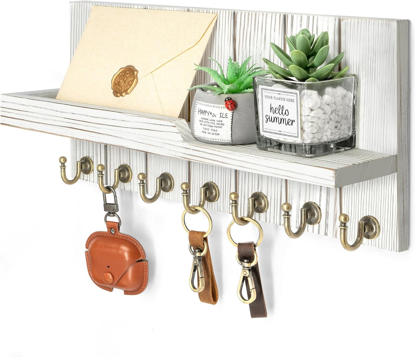 Rebee Vision Key Holder Wall Mount with 5 Key Hooks for Home Decor, Brown | 3.54'' x 10'' x 7.28'', Small Shelf for Display Plant, Key Hangers for Hat, Entryway Space-Saving Storage