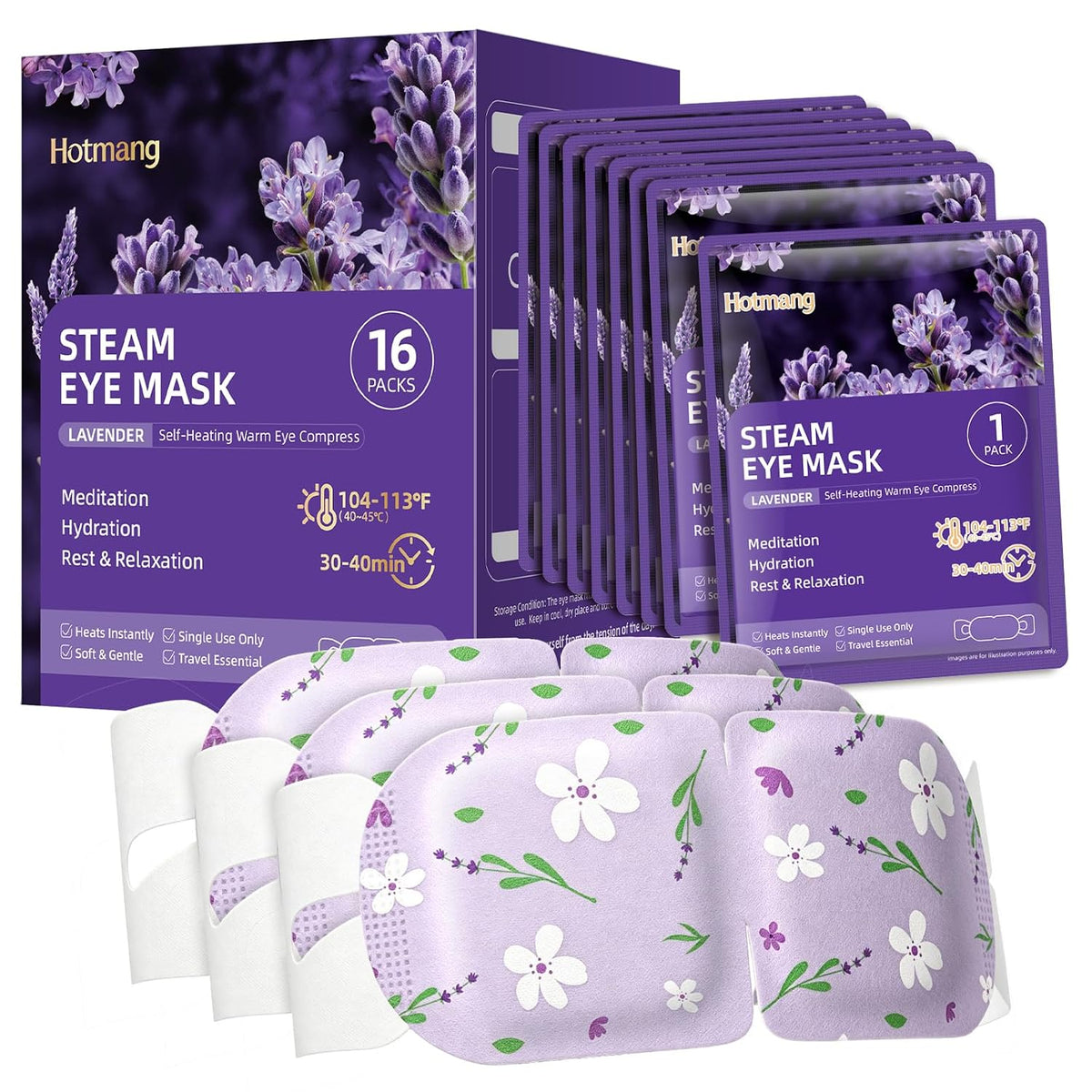 16 Pack Self Heating Steam Eye Mask - Disposable Warming Eye Mask for Dry Eyes, Travel & Sleep Essential, Soothing Relief for Eye Fatigue, Ideal Spa Gift (Lavender)