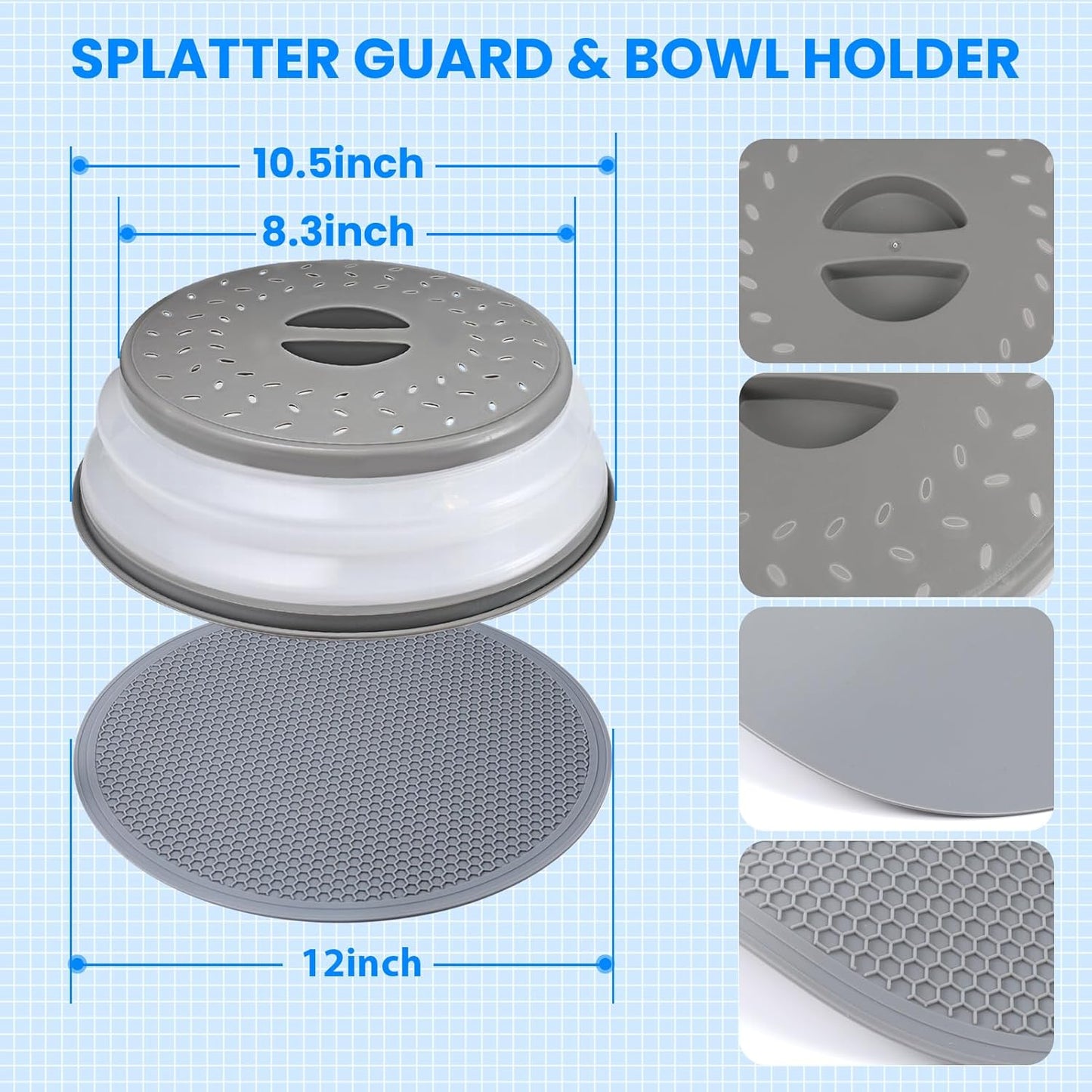 Microwave Splatter Cover Collapsible Microwave Cover for Food 10.5 inch | Easy Grip Handle, Fruit Drainer, BPA-Free, Dishwasher Safe, Grey